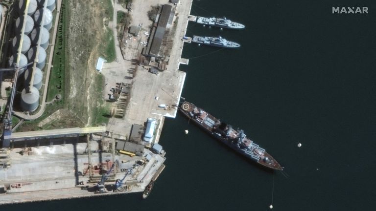 A satellite image shows a view of Russian Navy&#39;s guided missile cruiser Moskva at port, in Sevastopol, Crimea, April 7, 2022. Picture taken April 7, 2022. Satellite image 2022 Maxar Technologies/Handout via REUTERS ATTENTION EDITORS - THIS IMAGE HAS BEEN SUPPLIED BY A THIRD PARTY. MANDATORY CREDIT. NO RESALES. NO ARCHIVES. DO NOT OBSCURE LOGO.
