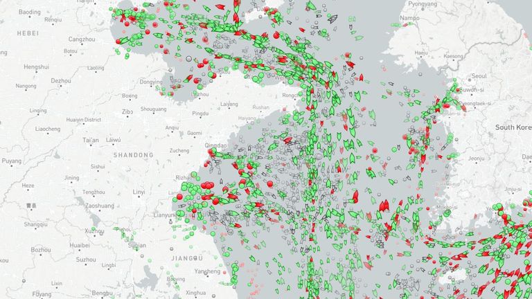 The marine traffic around the coastal region north of Shanghai appears more fluid with few clusters as seen in the image.  Pic: MarineTraffic 