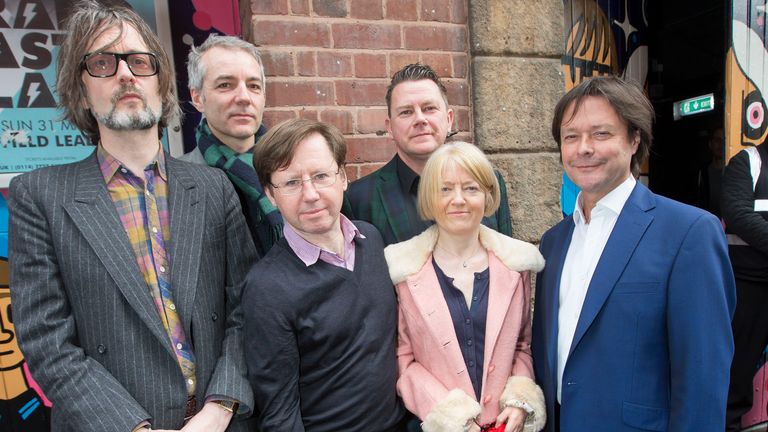     EDITORIAL USE ONLY Pulp (left to right) Jarvis Cocker, Steve Mackey, Mark Webber, Nick Banks and Candida Doyle are awarded a Music Heritage Award at The Leadmill in Sheffield by PRS for Music Vice President Simon Darlow (far right)