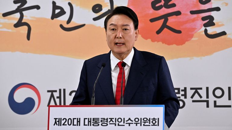 South Korea&#39;s president-elect Yoon Suk-yeol holds a news conference about his presidential office&#39;s relocation plans, in Seoul