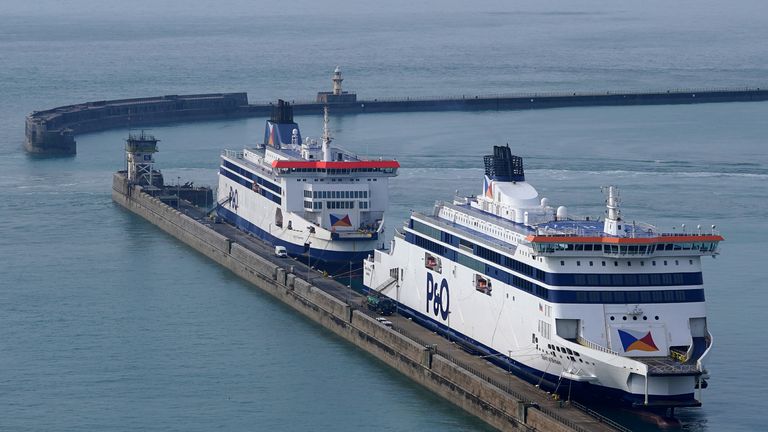 The P&O Ferries vessel Spirit of Britain (right) moored at the Port of Dover in Kent, following its detention after the Maritime and Coastguard Agency (MCA) said Spirit of Britain is not being allowed to sail after an inspection identified several safety issues. Picture date: Wednesday April 13, 2022.
