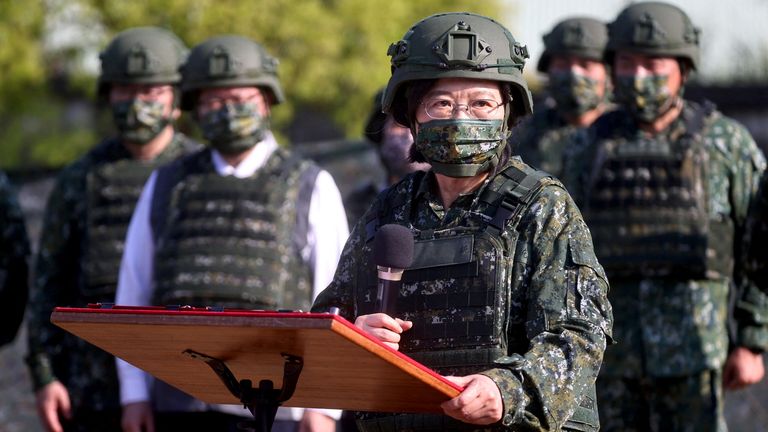 President Tsai Ing-wen visits army reservist troops during a training exercise in March in Nanshipu, Taiwan, 