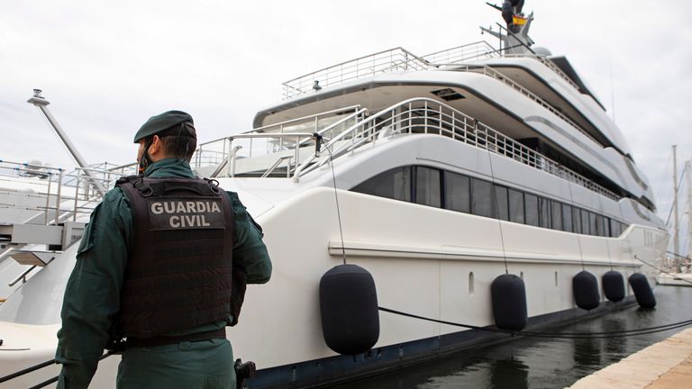 Civil Guard stands by the yacht called Tango in Palma de Mallorca, Spain, Monday April 4, 2022. U.S. federal agents and Spain&#39;s Civil Guard are searching the yacht owned by a Russian oligarch. The yacht is among the assets linked to Viktor Vekselberg
PIC:AP