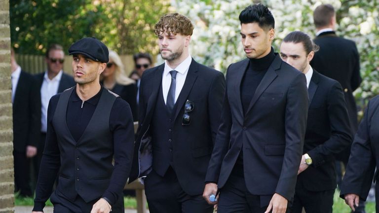 The members of The Wanted (left to right) Max George, Jay McGuiness, Siva Kaneswaran and Nathan Sykes (partially hidden) arrive for the funeral of The Wanted star Tom Parker in Queensway, Petts Wood, in south-east London, following his death at the age of 33 last month, 17 months after being diagnosed with an inoperable brain tumor.  Picture date: Wednesday April 20, 2022.