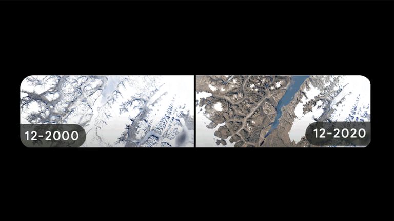 Time-lapse images show Sermersooq Glacier retreat in Greenland. Pic: Google