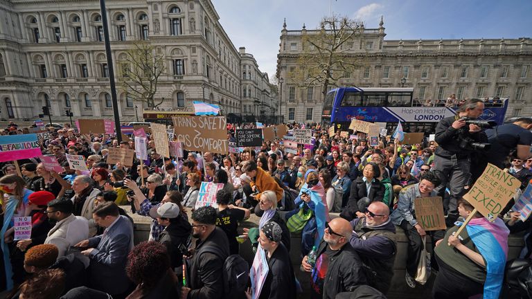 Hundreds protest in Downing Street over transgender exclusion from conversion therapy ban | Politics News