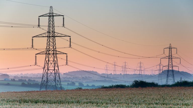Electricity pylons and lines above farmland , England