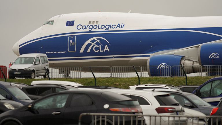 A Russian-owned Boeing 747-400 ERF is parked after being banned from taking off from Frankfurt-Hahn airport where the "CargoLogicAir UK" cargo plane underwent maintenance and now falls under EU sanctions amid Russia’s war on Ukraine, in Hahn, Germany April 8, 2022. REUTERS/Timm Reichert
