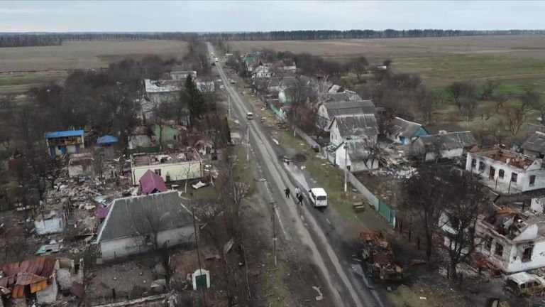 Drone footage shows damage caused by Russian shelling in the Ukrainian village of Andriivka