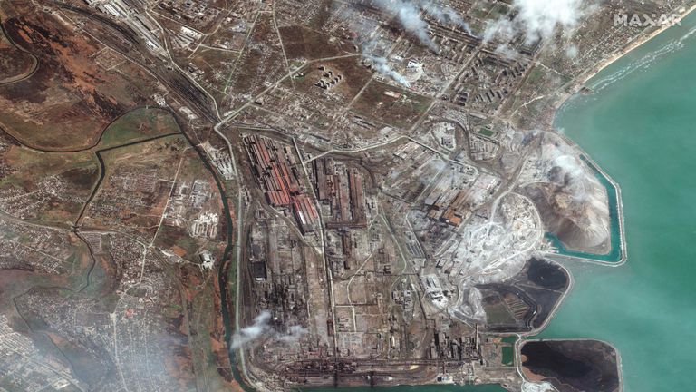 A satellite image shows an overview of Azovstal Iron and Steel Works in Mariupol, Ukraine, April 9, 2022. Picture taken April 9, 2022. Satellite image 2022 Maxar Technologies/Handout via REUTERS ATTENTION EDITORS - THIS IMAGE HAS BEEN SUPPLIED BY A THIRD PARTY. MANDATORY CREDIT. NO RESALES. NO ARCHIVES. DO NOT OBSCURE LOGO.

