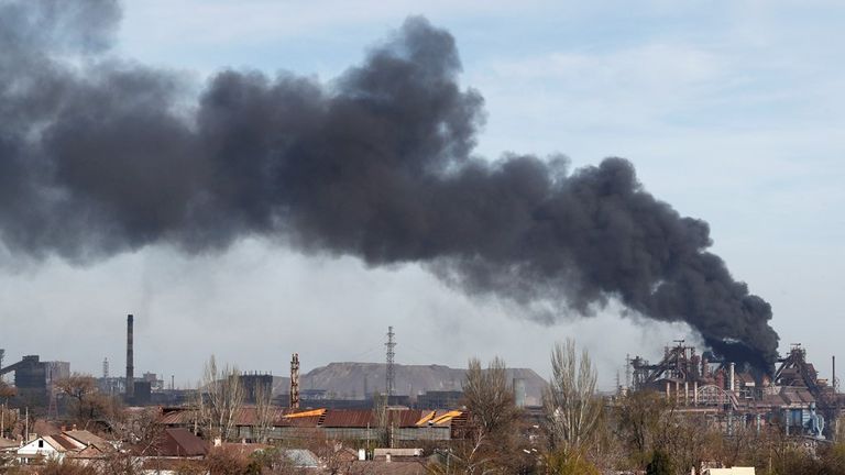 Smoke rises above the Mariupol steel plant