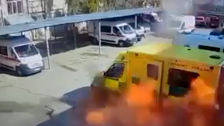 Ambulance damaged by a strike in Mykolaiv