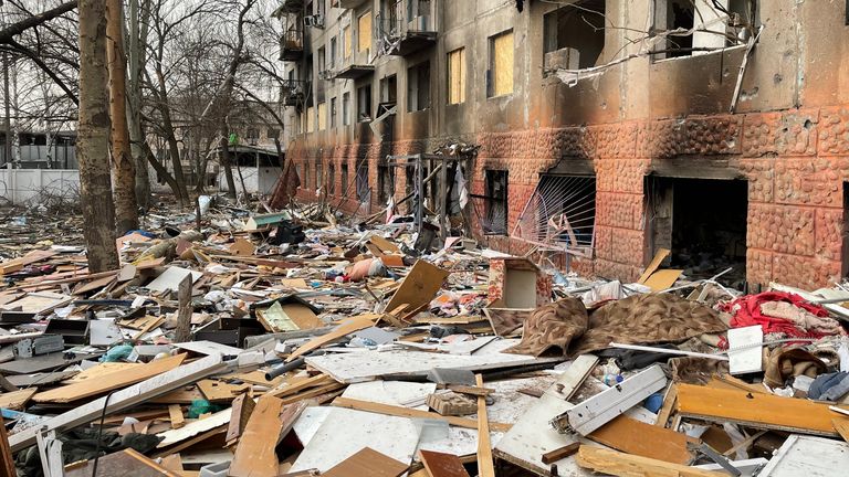 Large blast waves generated by the explosions shattered the glass, window frames and doors of residential building in Kramatorsk
