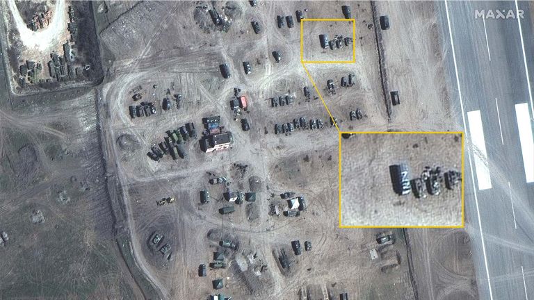 A satellite image shows vehicles, tanks and trucks in Kherson airfield and deployments in Kherson, Ukraine.  Pic: Maxar Technologies