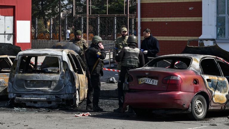 Ukrainian servicemen stand next to damaged cars after Russian shelling at the railway station in Kramatorsk, Ukraine, Friday, April 8, 2022. Hours after warning that Ukraine&#39;s forces already had found worse scenes of brutality in a settlement north of Kyiv, President Volodymyr Zelenskyy said that “thousands” of people were at the station in Kramatorsk, a city in the eastern Donetsk region, when it was hit by a missile. (AP Photo/Andriy Andriyenko)
PIC:AP