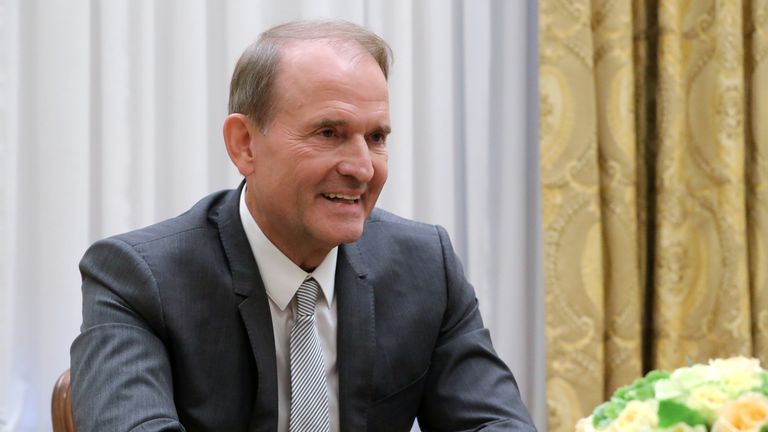 FILE PHOTO: The leader of Ukraine’s Opposition Platform - For Life Party, Viktor Medvedchuk, attends a meeting with Russia&#39;s president, Vladimir Putin, in Saint Petersburg, Russia July 18, 2019. Sputnik/Mikhail Klimentyev/Kremlin via REUTERS ATTENTION EDITORS - THIS IMAGE WAS PROVIDED BY A THIRD PARTY./File Photo
