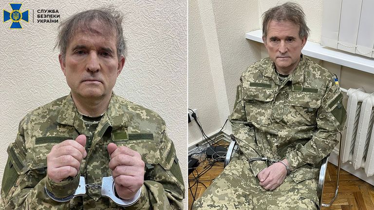Pro-Russian Ukrainian politician Viktor Medvedchuk is seen in handcuffs while being detained by security forces in unknown location in Ukraine