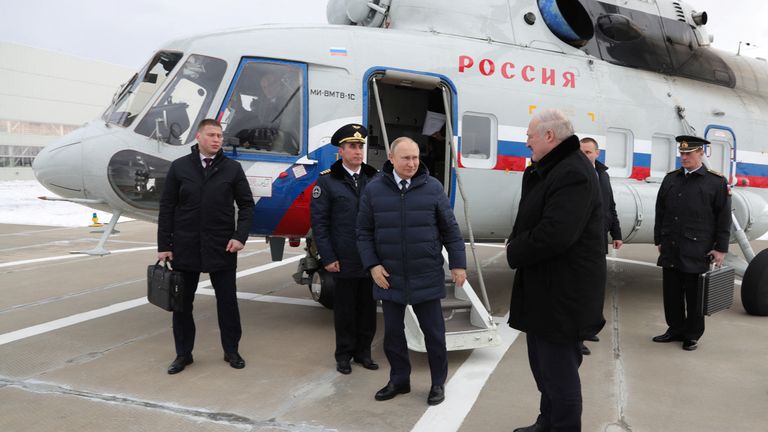 Russian President Vladimir Putin and Belarusian President Alexander Lukashenko arrive at the Vostochny Cosmodrome in Amur Region, Russia April 12, 2022. Sputnik/Mikhail Klimentyev/Kremlin via REUTERS ATTENTION EDITORS - THIS IMAGE WAS PROVIDED BY A THIRD PARTY.
