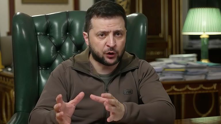 In this image from video provided by the Ukrainian Presidential Press Office, Ukrainian President Volodymyr Zelenskyy speaks from Kyiv, Ukraine, Wednesday, April 6, 2022.  (Ukrainian Presidential Press Office via AP)
PIC:AP