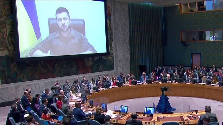 President Volodymyr Zelenskyy addresses the UN regarding the war with Russia.