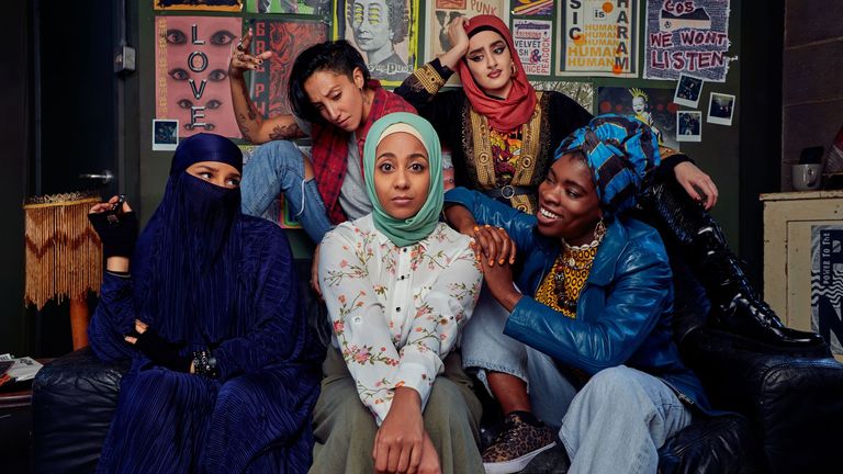 Lucie Shorthouse (Momtaz), Sarah Kameela Impey (Saira), Anjana Vasan (Amina), Juliette Motamed (Ayesha), Faith Omole (Bisma) in We Are Lady Parts. Pic: Channel 4/ Laura Radford