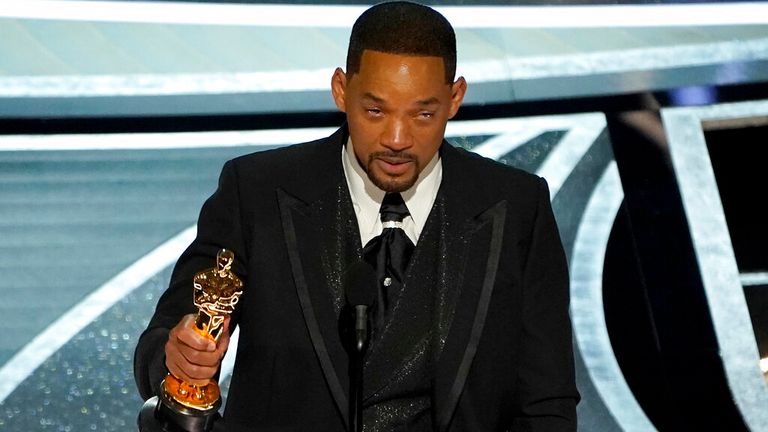 Will Smith accepts the award for Best Performance by an Actor in a Leading Role for King Richard.  Photo: AP Photo/Chris Pizzello