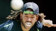 Australia&#39;s Andrew Symonds bowls in the nets during a traiing session on April 15, 2007, at the National Stadium at St. George&#39;s, Grenada