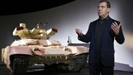 Russia&#39;s Prime Minister Dmitry Medvedev speaks during a presentation of the BMPT-72 tank, dubbed the Terminator