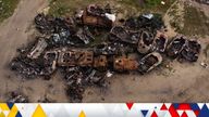 Destroyed Russian tanks and military vehicles are seen dumped in Bucha amid Russia&#39;s invasion in Ukraine, May 16, 2022. Picture taken May 16, 2022. Picture taken with a drone. REUTERS/Jorge Silva