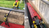 Rescuers from  River Canal Rescue work to refloat the boat after it got stuck in the lock. Pic: River Canal Rescue