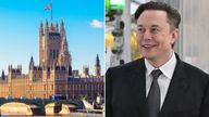Houses of Parliament and Elon Musk. Pics: iStock/Patrick Pleul/picture-alliance/dpa/AP