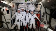 (L-R)  ESA astronaut Matthias Maurer, and NASA astronauts Tom Marshburn, Raja Chari, and Kayla Barron
