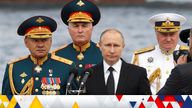 Russian Defence Minister Sergei Shoigu, Commander of Western military district Andrei Kartapolov, President Vladimir Putin and Commander-in-Chief of the Russian Navy Vladimir Korolev arrive to attend the the Navy Day parade in St. Petersburg, Russia, July 30, 2017. REUTERS/Alexander Zemlianichenko/Pool