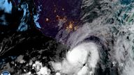 This satellite image made available by NOAA shows Hurricane Agatha off the Pacific coast of Oaxaca state, Mexico on Monday, May 30, 2022, at 8:30 a.m. EDT. NOAA/AP