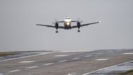 Flight T3606 to Southampton, takes off in rainy and windy conditions at Leeds Bradford Airport in Yorkshire. Picture date: Monday February 14, 2022.