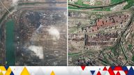 The left image shows the Azovstal plant on March 10 and the image on the right hand side shows the steelworks on May 1st. Credit: Planet 