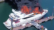 The superyacht set fire while moored in Torquay. Pic: Mike Trower