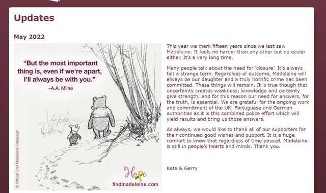 Madeleine McCann: Parents of missing girl mark 15 years without her with poignant Winnie The Pooh quote - Vimarsana News
