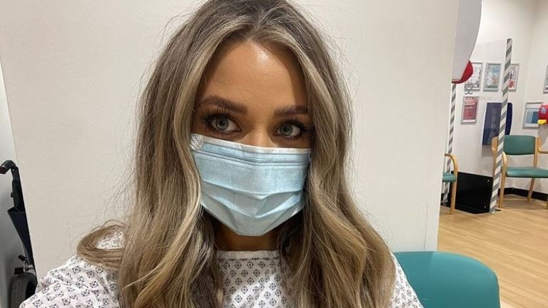 Former Hollyoaks star Abi Phillips in hospital. Pic: abiphillipsuk/Instagram