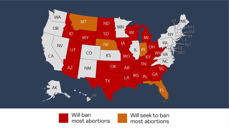 A map shows how views on abortions differ from state to state across the US