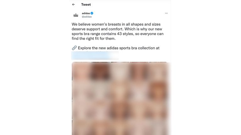 SOUS EMBARGO JUSQU'AU 0001 MERCREDI 11 MAI REMARQUE LA NUDITÉ DANS L'IMAGE Image non datée du document publié par l'Autorité des normes publicitaires (ASA) d'un message Twitter Adidas interdit par l'ASA après avoir reçu 24 plaintes selon lesquelles l'utilisation de la nudité était gratuite et objectivait les femmes en les sexualisant et "les réduire à des parties du corps".  Le tweet, publié en février, montrait les seins de 20 femmes de différentes couleurs, formes et tailles de peau dans un format de grille et déclarait : "Nous pensons que les seins des femmes sous toutes leurs formes
