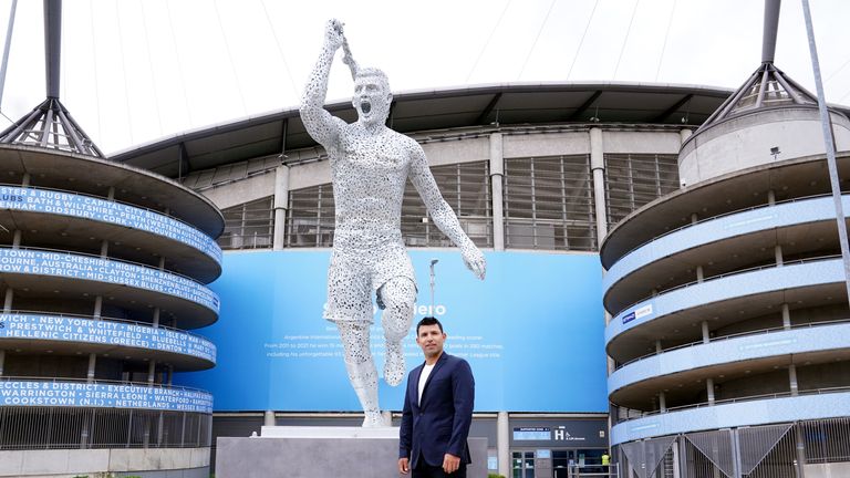Manchester City Club legend, Sergio Aguero during his statue unveiling outside the Etihad Stadium, Manchester, to commemorate the tenth anniversary of the Club’s first Premier League title and the iconic ‘93:20’ moment. Picture date: Friday May 13, 2022.

