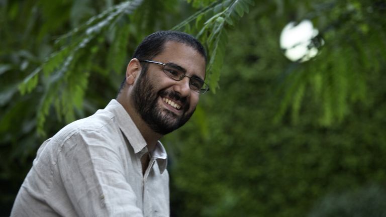 Egypt’s most prominent pro-democracy activist Alaa Abdel-Fattah greets people prior to a conference held at the American University in Cairo in 2014. Credit: Associated Press