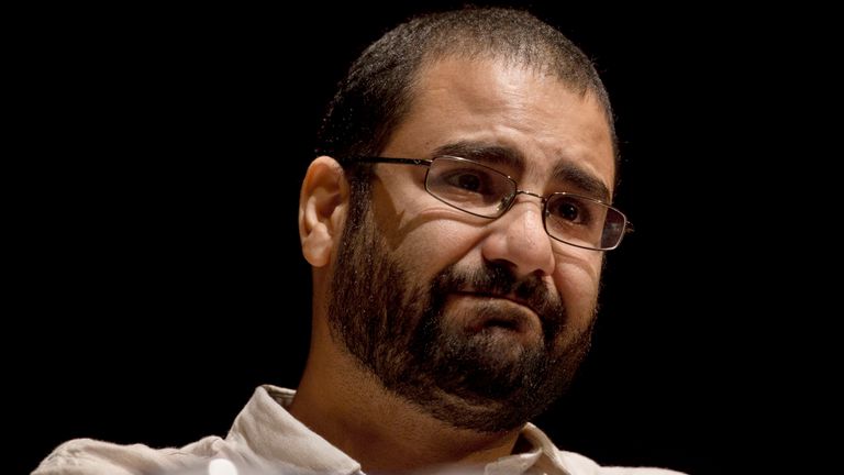 Egypt&#39;s leading pro-democracy activist Alaa Abdel-Fattah takes a moment as he speaks about his late father Ahmed Seif in 2014 (AP Photo/Nariman El-Mofty, File)