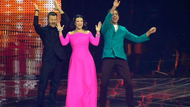 Alessandro Catalan, Laura Pausini and British pop legend Mika will host the contest. Pic: AP