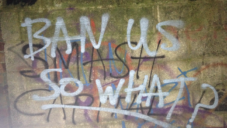 Alex Davies&#39; graffiti saying: "Ban us so what?" 