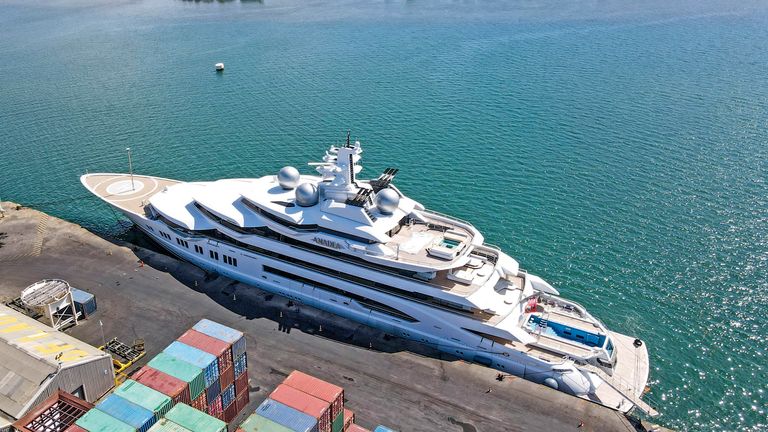 The superyacht Amadea is docked at the Queens Wharf in Lautoka, Fiji, on April 15 2022. A judge in Fiji is due to rule Monday, May 2, 2022, on whether U.S. authorities can seize the luxurious yacht — worth some $325 million — which has been stopped from leaving the South Pacific nation because of its links to Russia. (Leon Lord/Fiji Sun via AP)
Pic:AP

