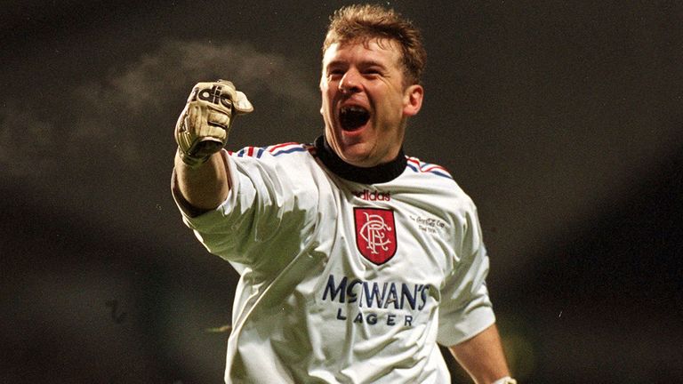 Rangers &#39;Keeper Andy Goram celebrates goal in the Scottish Coca Cola Cup Final .Rangers v Hearts 24/11/96 Coca Cup Final .Pic : Action Images .Football .Heart of Midlothian