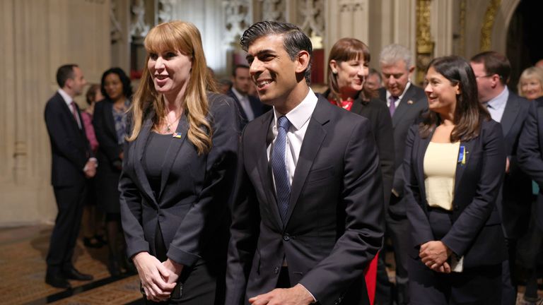 Angela Rayner, Deputy Leader of the Labour Party and Chancellor of the Exchequer Rishi Sunak during the State Opening of Parliament in the House of Lords, London. Picture date: Tuesday May 10, 2022.

