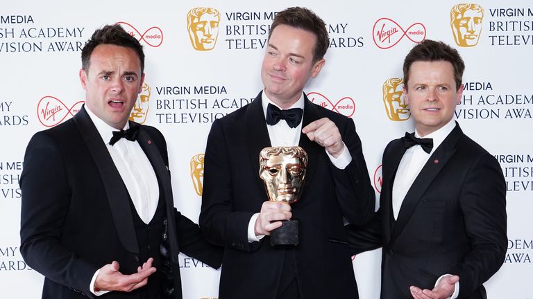 Entertainment Programme Bafta TV winners (left to right) Ant McPartlin, Stephen Mulhern and Declan Donnelly at the Virgin BAFTA TV Awards 2022, at the Royal Festival Hall in London. Picture date: Sunday May 8, 2022
